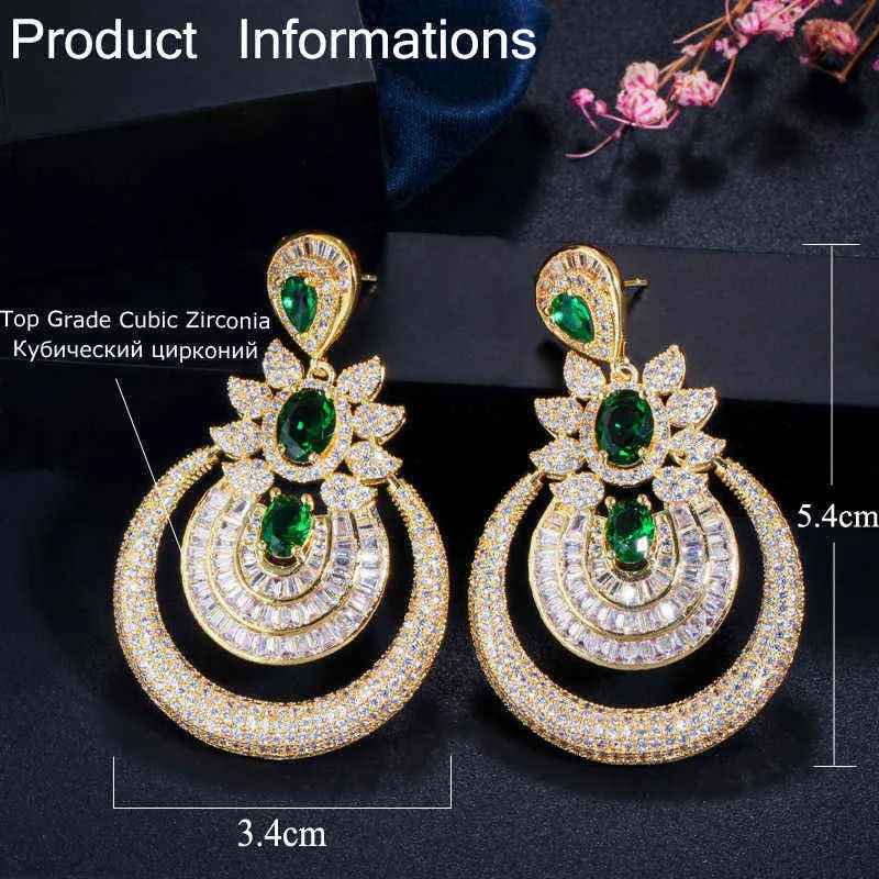 CWWZircons Dubai 18 carats or jaune Vintage bijoux fantaisie vert émeraude longue grande goutte boucles d'oreilles de fête de mariage pour les femmes CZ457 2201087006475