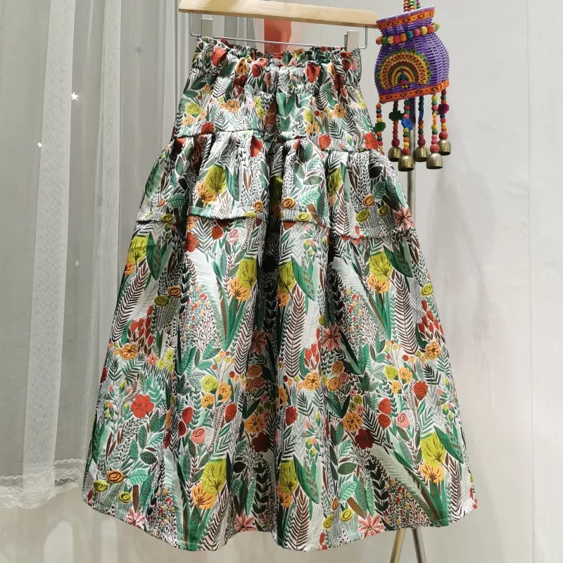 [EWQ] Pleated Tutu Skirt High Waist Jacquard Ball Gown Skirts Trendy Clothing Spring Vintage Flower Ladies Clothing 16W540 210423