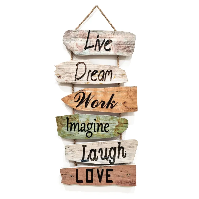 Cartello da parete appeso Cartello da parete in legno rustico Live Dream Work Immagina di ridere Amore Decorazione da parete in legno la decorazione domestica7303018