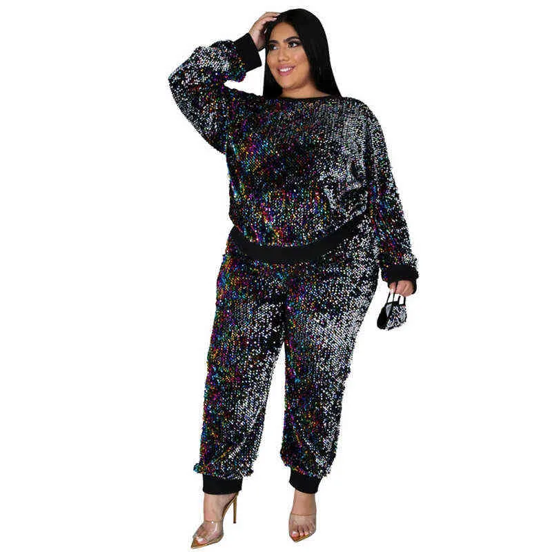 Winter Plus Größe S-5XL Kleidung für Frauen Zwei Stück Set Pailletten Geburtstag Outfit Jogger Trainingsanzug Großhandel Drop 211105