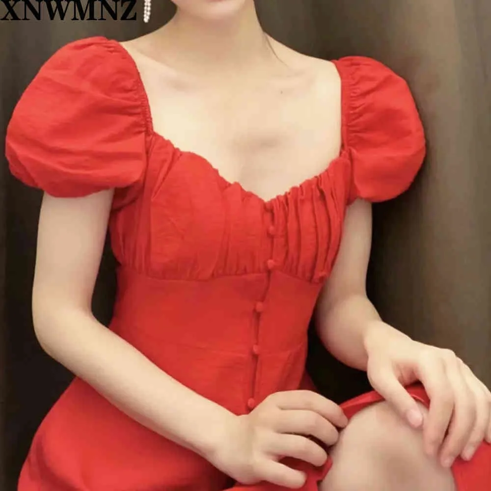Za women vintage puff sleeve single breasted red midi dress female back elastic casual slim vestidos chic party dresses she 210510