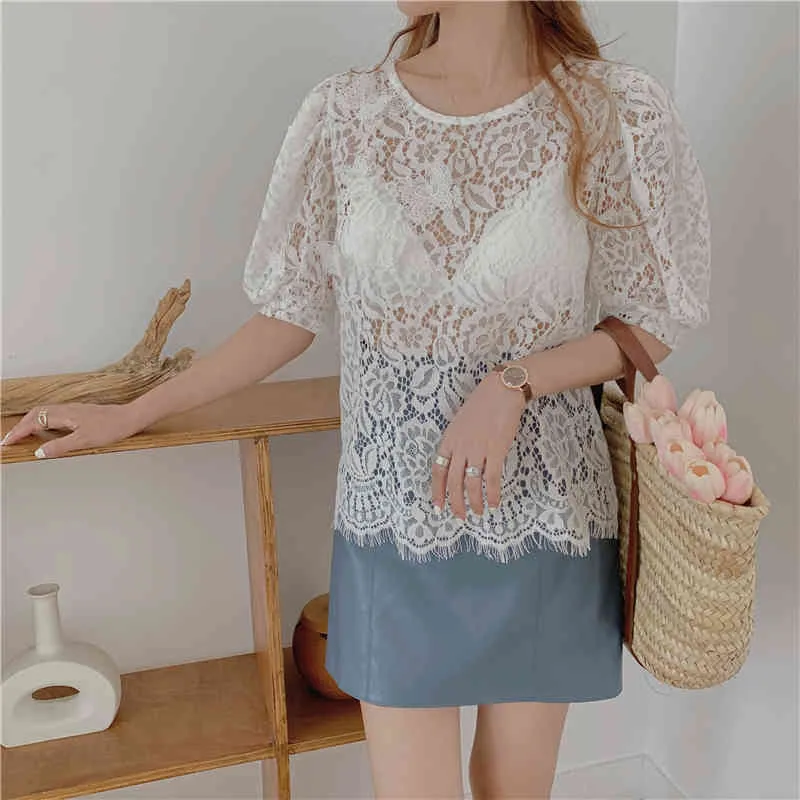 Blusa de verano para mujer, camisas Vintage elegante con mangas abullonadas y encaje recortado estilo coreano salvaje para mujer, Top blanco BL20108 210522