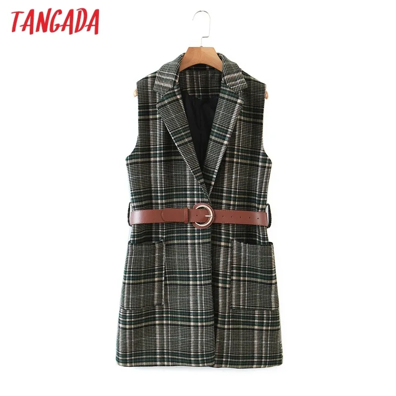 Mujeres Khaki Plaid Patrón Chaleco largo Abrigo con cinturón Oficina Damas Chaleco Sin mangas Blazer Elegante Top 3A15 210416