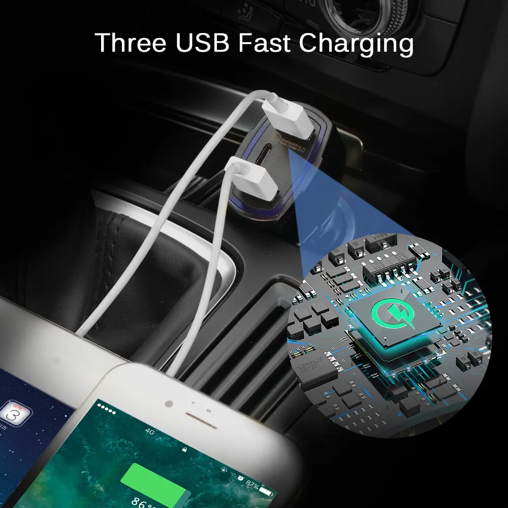 Chargeur de voiture LED 3 ports 3.5A USB QC3.0 Type-C Charge rapide universelle pour iphone 12 13 14 pro max samsung téléphone Android Mini chargeurs rapides Adaptateur de véhicule