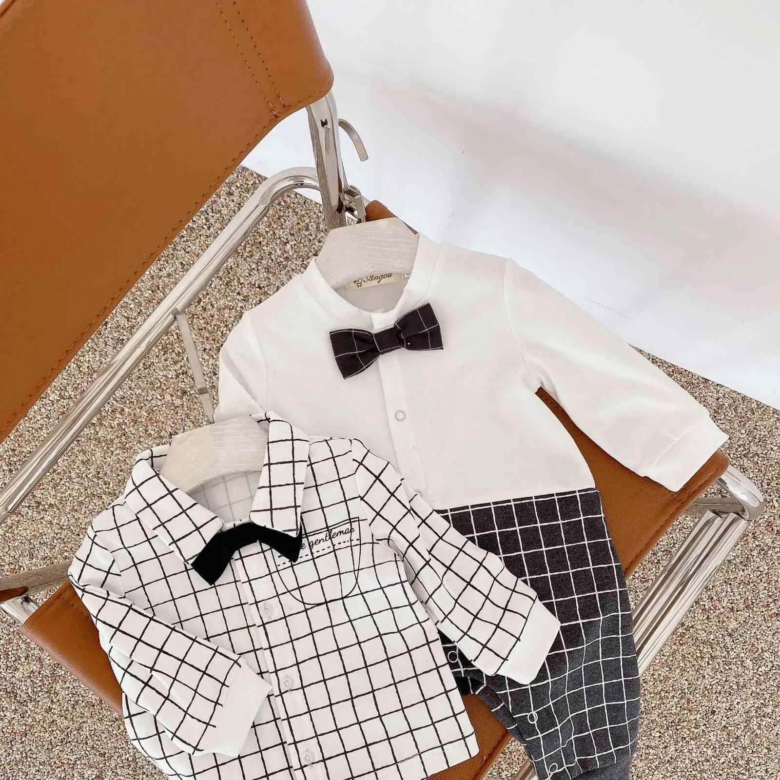 Printemps bébé garçon barboteuse belle chemise à carreaux tenue de gentleman 210702