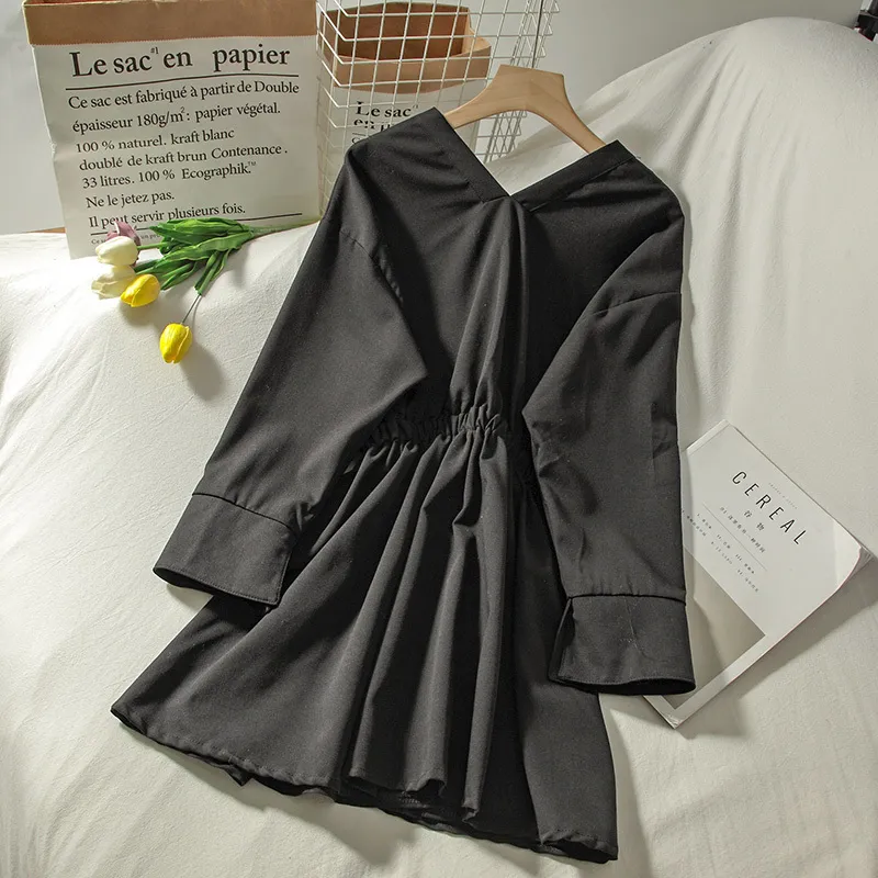 Korobov Autumn New Chic Black Dress Preppy Style Vintage Office Sashes Slim Vestidos Femme Single Breasted Shirt Dresses 210430