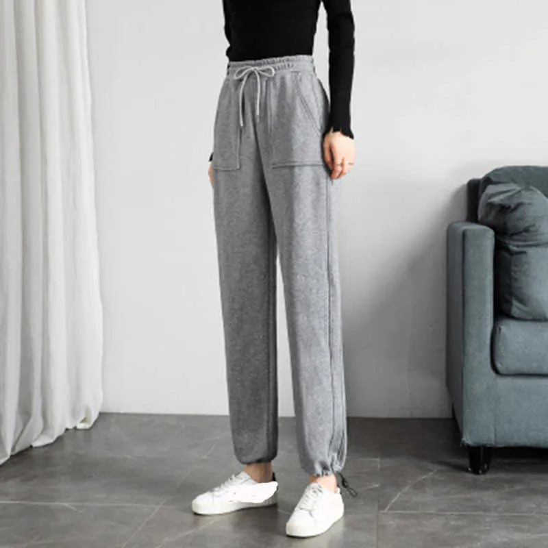 Artı Kadife Kalınlaşma Sweatpants Kadınlar Elastik Bel İpli Büyük Cepler Işın Ayak Pantolon Pantalon Büyük Femme Taille Haute 210604