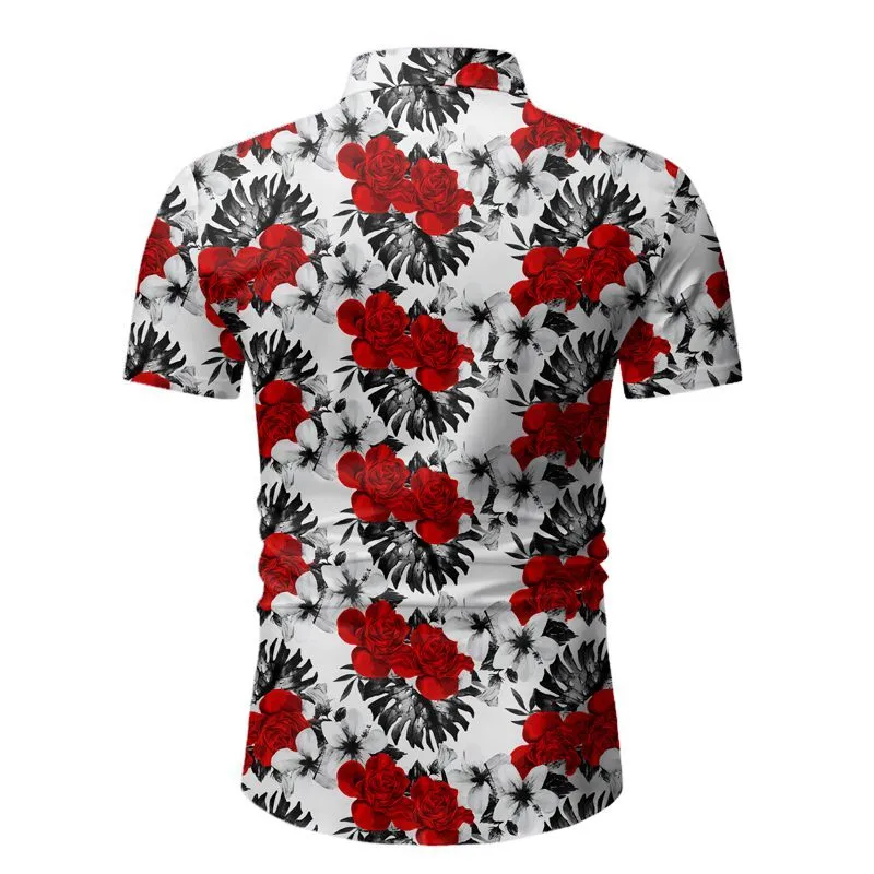 Rose Floral Print Mężczyźni Hawajska Koszula Dorywczo Slim Fit Summer Koszule Dla Męskie Przycisk Lapel Holiday Beach Koszulki Męskie Camisa 210524