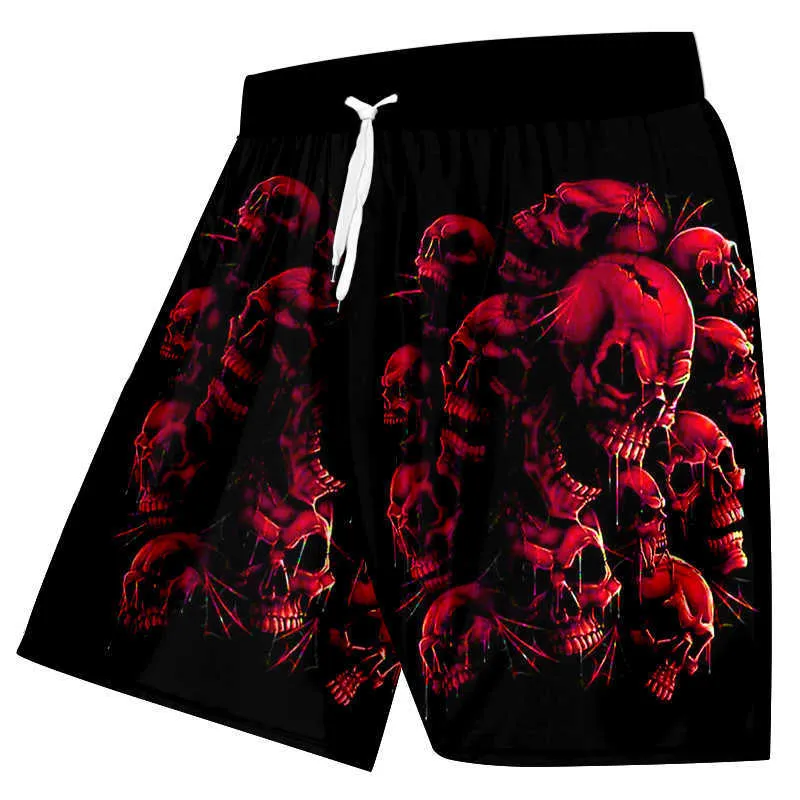 UJWI Plus Size Women / Herrens 3D-skalle tryckta shorts lila röd trasig för hiphop Wok Board 5XL 210714