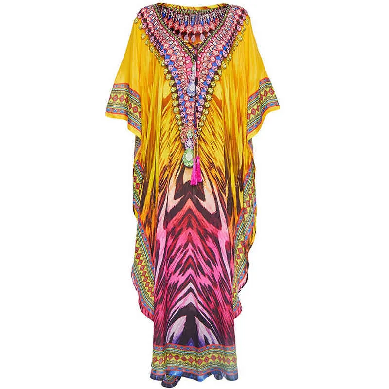 Multicolored Bikini Cover-ups Sexy V-neck Half Sleeve Boho Summer Beach Dress Plus Size Beachwear Swimsuit Cover Up Q1149 210420