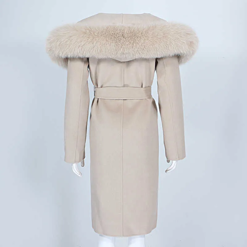 Oftbuy Real Fur Coat Veste d'hiver Femmes Natural Fur Col Collier Cachemire Mélange de laine Longses Lammes d'extérieur Streetwear 211019