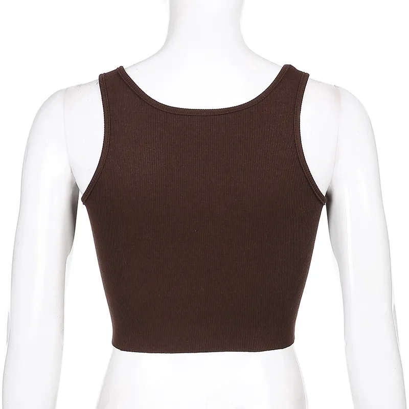 Ribbed sticka brun svamp Y2K Crop Tops Kvinnor Söt Hit Sommar Ärmlös Casual Tee Tank Top Vest Streetwear 210510