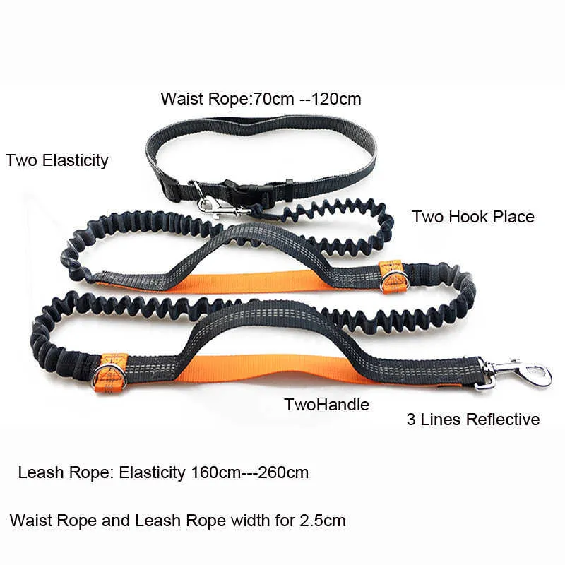 Pet Dog Running Leash Rope 2 Hand Control Jogging Walking with Reflective Hands Free Pets Double Elasticity Collar 211022