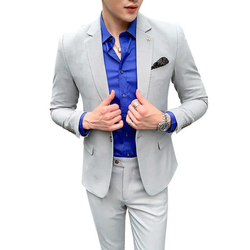 2021 Nowa krata kostium 3-częściowy garnitur dla mężczyzn biznesu / ślub płaszcz z spodnie kamizelki niebieski szary czerwone czarne męskie garnitury Rozmiar S-5XL X0909