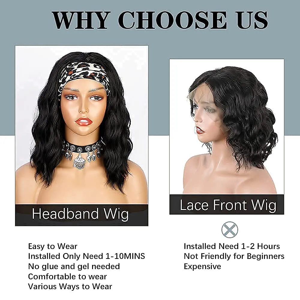 Water Wave Wig with Headband Guleless Non Lace Frontal Bob Wig for Black Women Synthetic Headband Wigsfactory direct