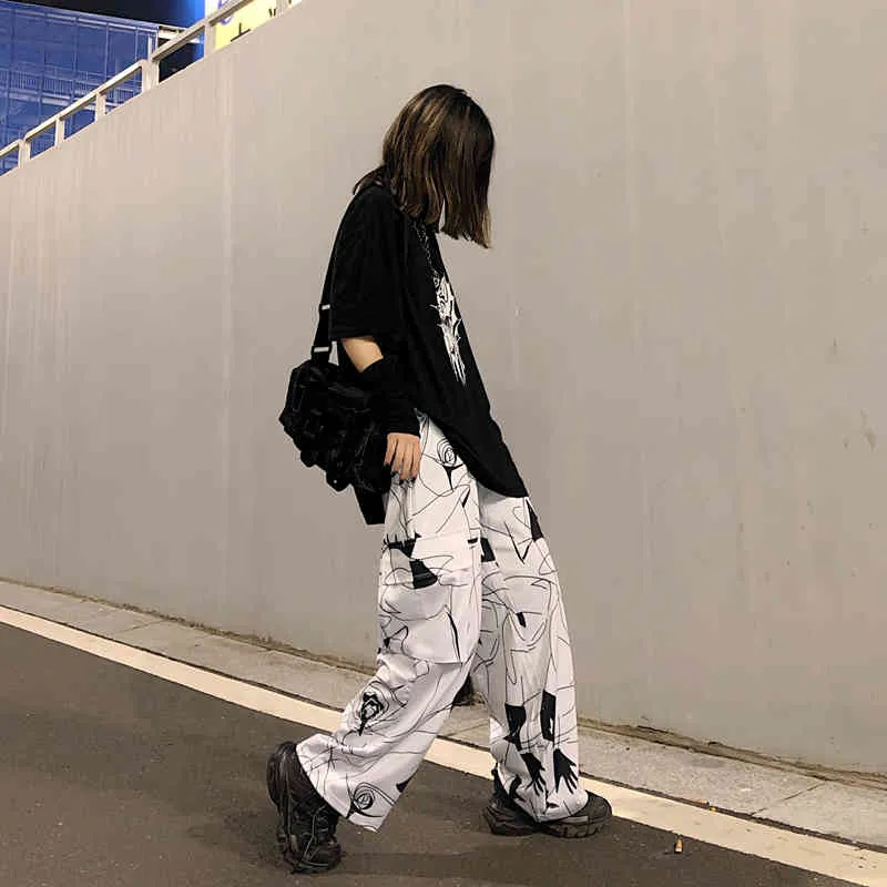 Korobov coréen streetwear imprimer femmes pantalons harajuku taille haute lâche décontracté femme pantalons de survêtement vintage large jambe pantalon 210430