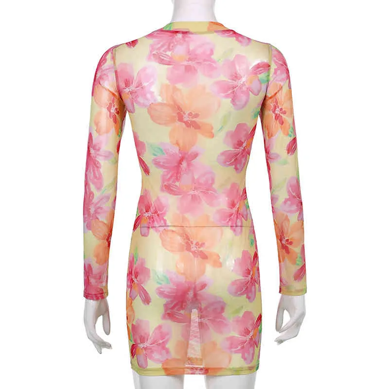 Floral Printed Lato See przez Y2K Sukienki Kobiety Długie Rękaw Dye Bodycon Mini Sundress Dress Beachwear Stroje 210510