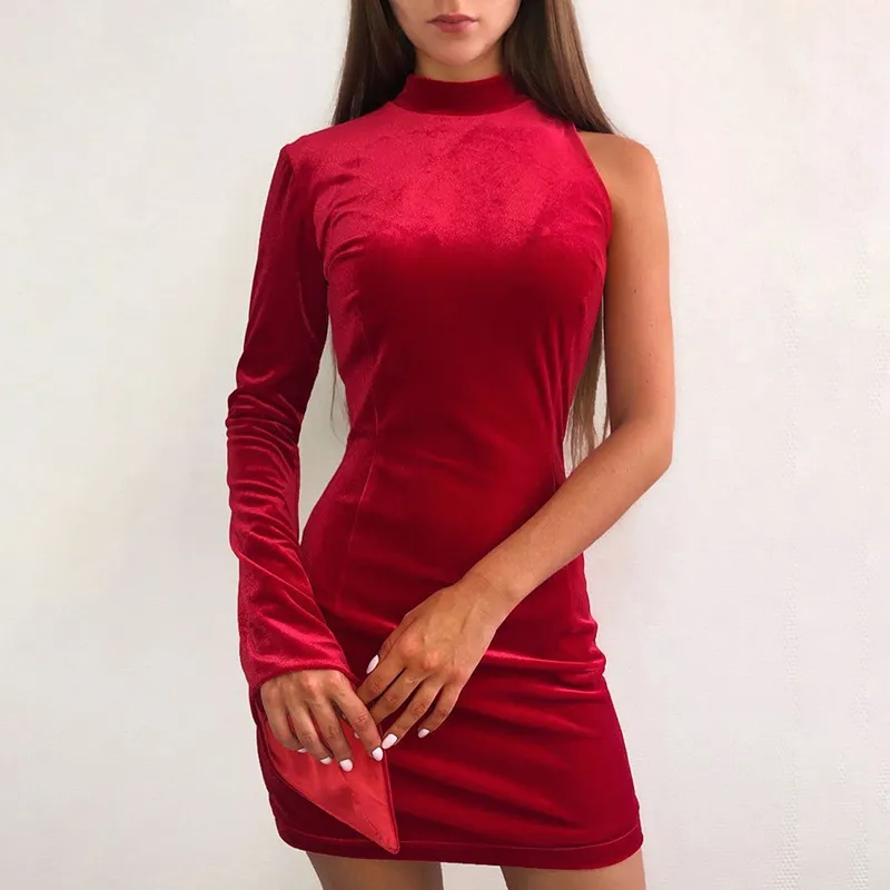 OMSJ Fall Winter Velvet Party Mini Dresses One Shoulder Single Sleeve Bodycon Slim Elastic Sexy Autumn Christmas Vestidos Female 210517