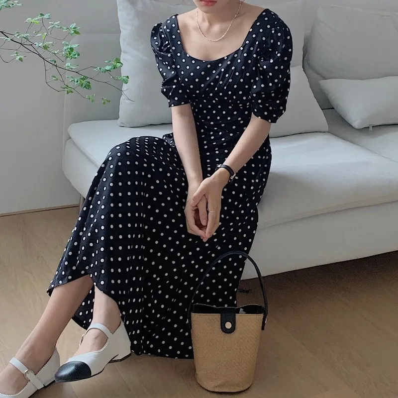 Polka dot kvinnor klänning sommar kappa en linje koreanska temperament vestidos mujer vintage kontor dam slim eleganta maxi klänningar 210519