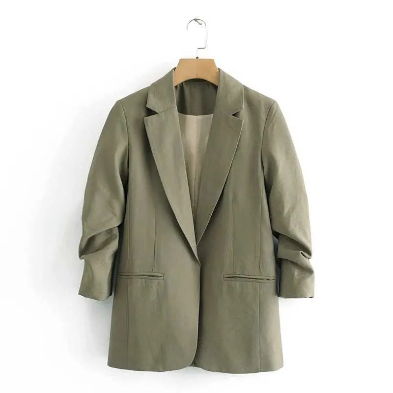Aelegantmis solide vert mode Streetwear femmes jolie pochette vestes femme lâche Cardigan poches manteaux bureau dames Blazers 210607