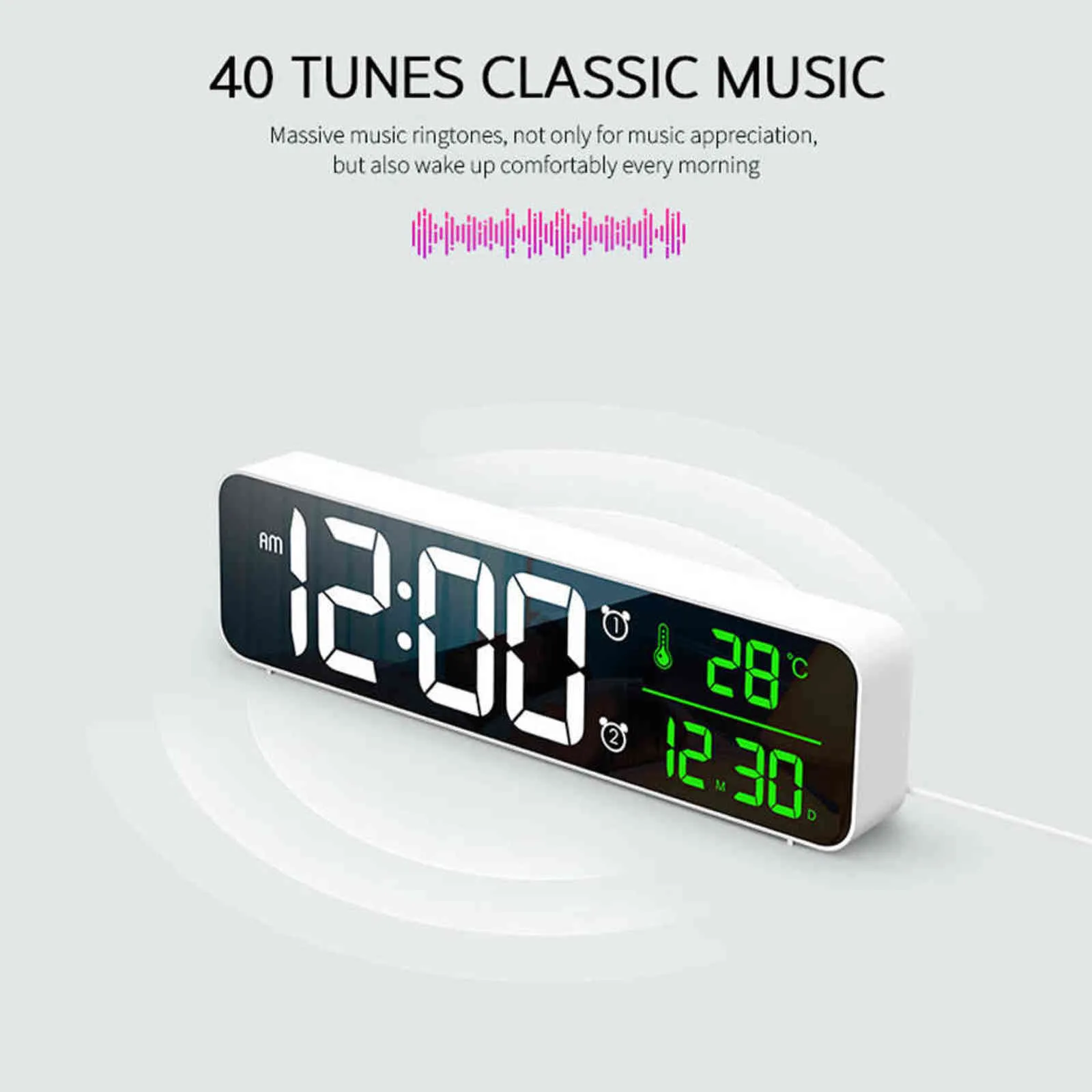 Musik LED Digital Wecker Uhr Tischuhr Digitale Temperatur Datum Anzeige Desktop Spiegel Uhren Snooze Home Tisch Dekor 211112
