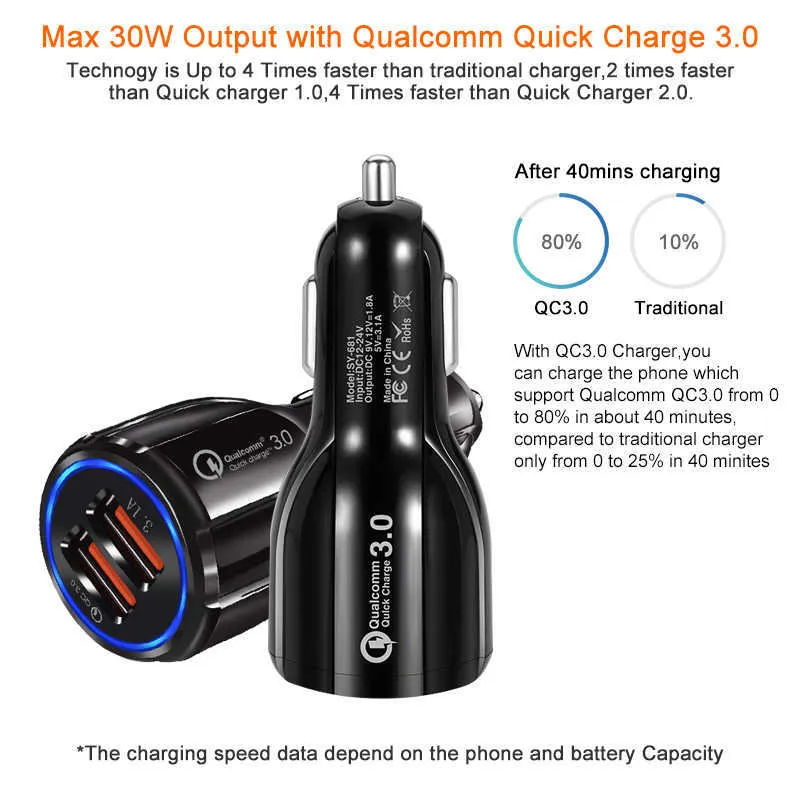 Charge rapide 3.0 chargeur de voiture allume-cigare adaptateur de prise QC 3.0 double Port USB Charge rapide accessoires de voiture pour téléphone DVR MP3