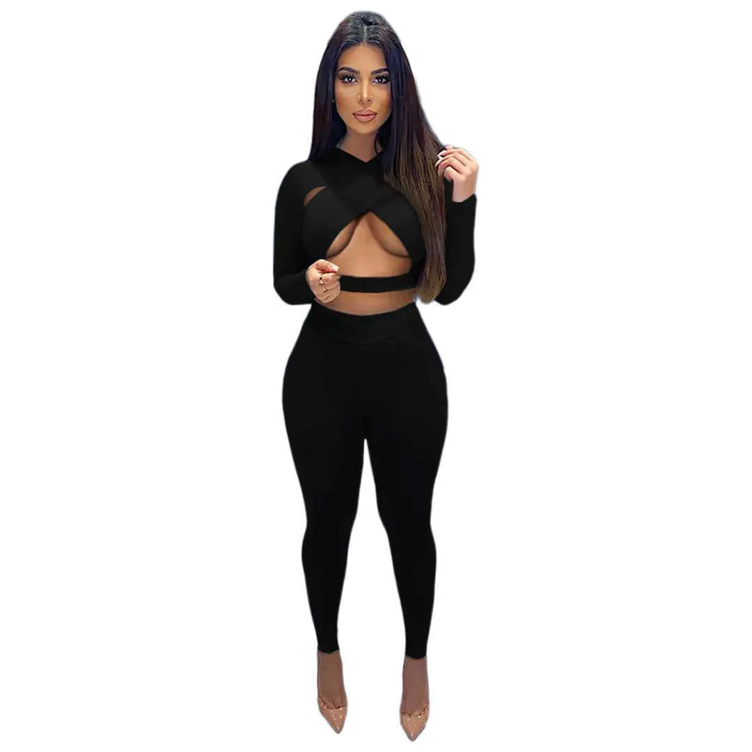 Women Tracksuits Two Pieces Set Deisgner Outfits Slim Sexy Solid Color Cross Cut Pink Outfits Cardigan Long Sleeve Pants Jogger Sets