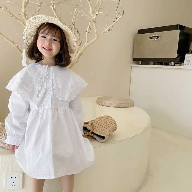 Girls Spring Autumn Big Turn-Down Collar Princess Dresses Long Sleeve Cotton Brodery Dubbel fast färgklänning 210708