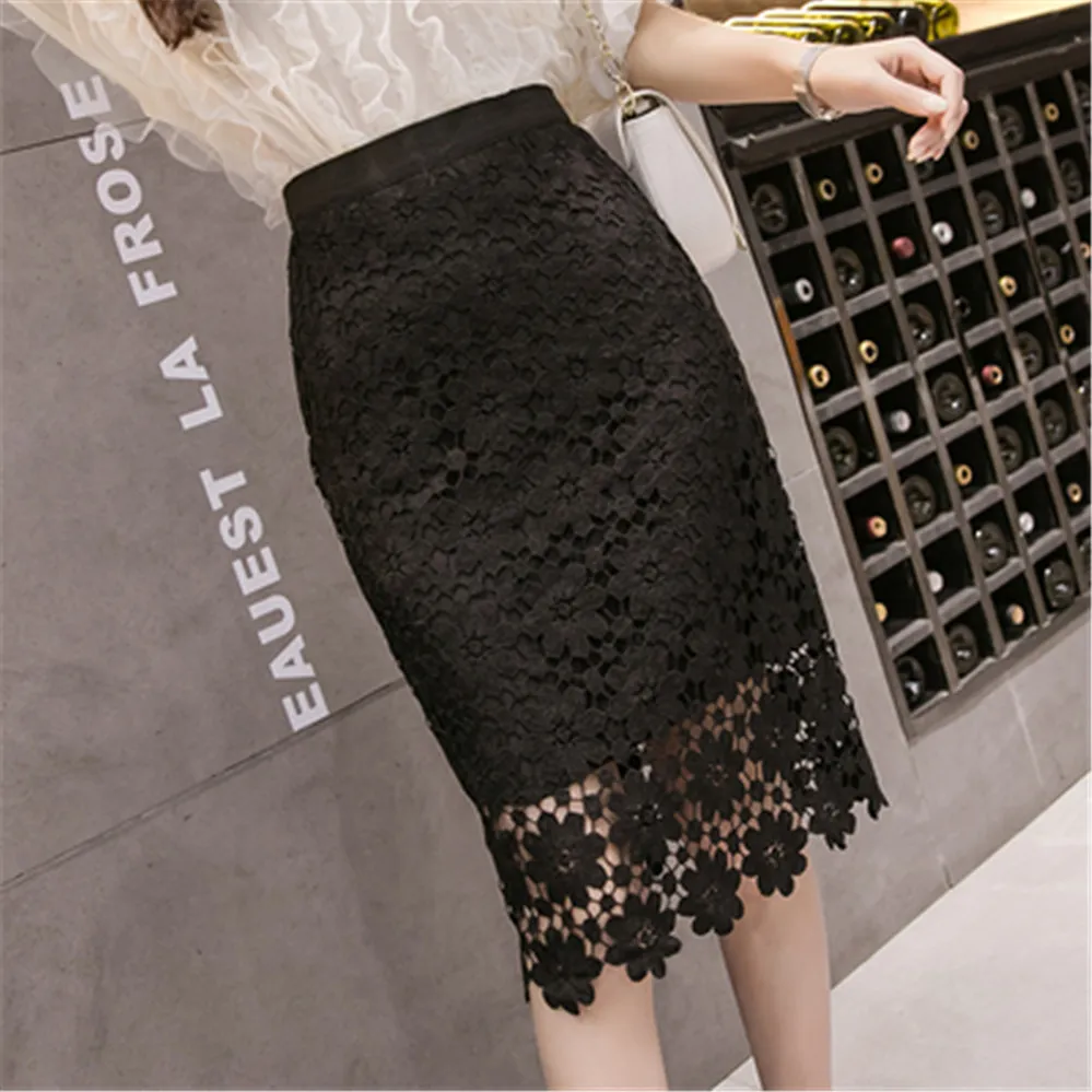 High waisted pencil skirt women elegant hollow out flower crochet lace skirts ladies korean summer back slit a line wrap skirt X0522