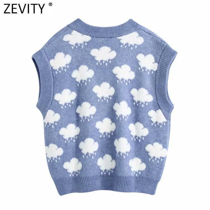 Zevity Femmes Mode Col En V Nuage Motif Tricot Pull Femme Sans Manches Casual Slim Gilet Chic Loisirs Pulls Tops S669 211007