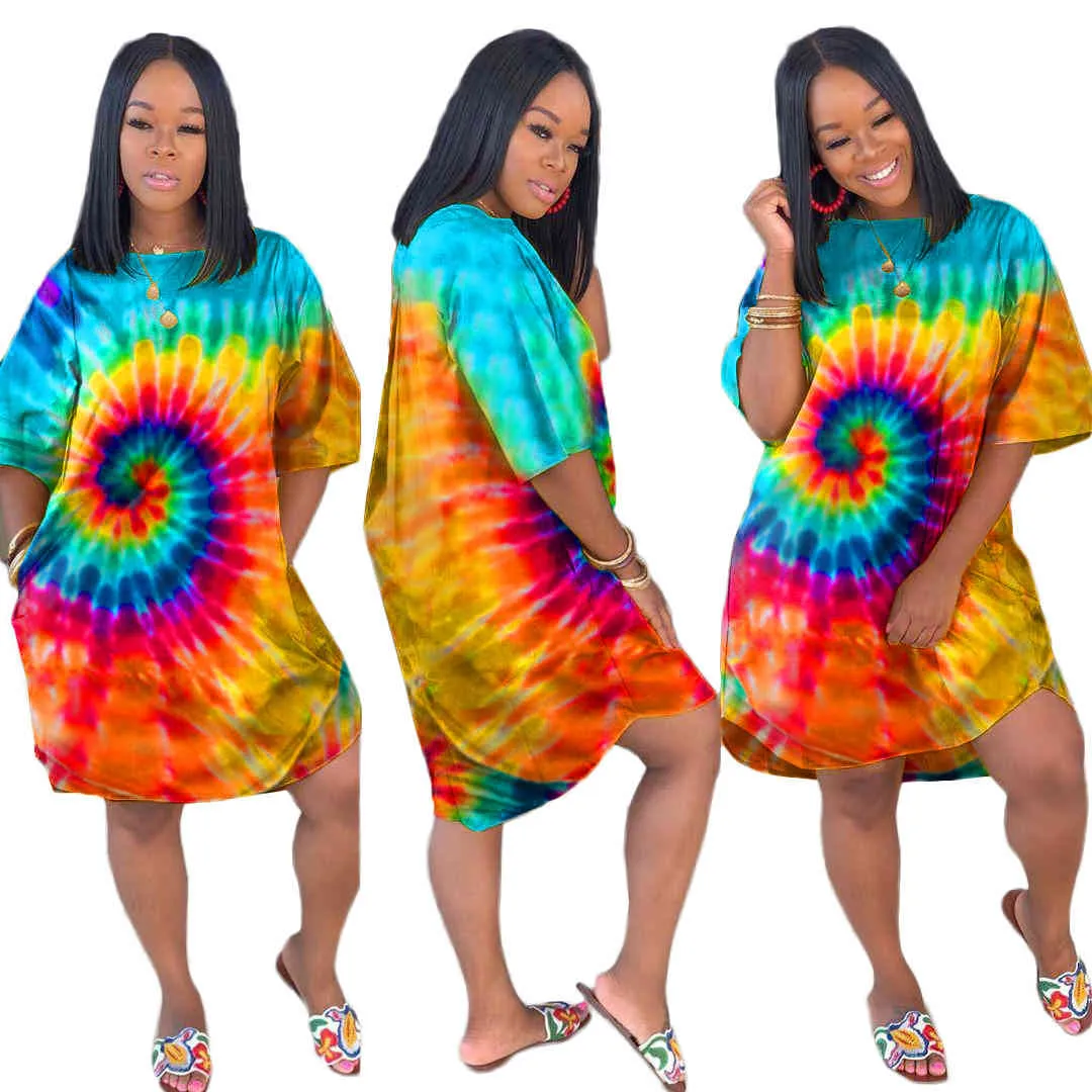 Summer Clothes For Women Printed Lrregular Plus Size Tie Dye Dress Loose Fashion Casual Midi Dress House Of Sunny Women Clothing X0521