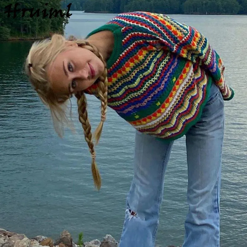 Langarm Herbst Kleidung Frauen Pullover O Hals Regenbogen Patchwork Lässige Mode Stricken Weihnachten Winter 210513