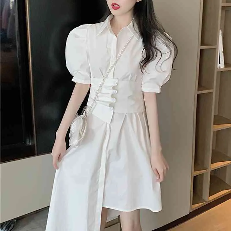 Ezgaga Frühling Sommer Neue Koreanische Mode Unregelmäßige Elegante Kleid Frauen Puff Sleeve Revers Schlanke Taille Taste Mini Kleid Vestidos 210430
