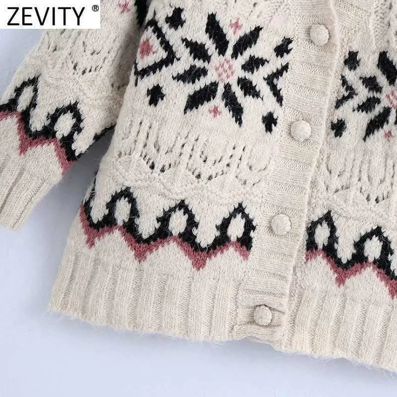 Zevity Femmes Vintage Col En V Fleur Motif Jacquard Cardigans Pull À Tricoter Femme Chic À Manches Longues Évider Tops S651 210603