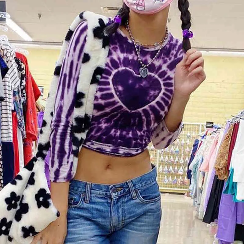 Tie Dye Heart Print Y2K Crop Top T-shirt Kvinnor Mode O-Neck Tre Kvartär Ärme Harajuku Purple Tee Streetwear 210510