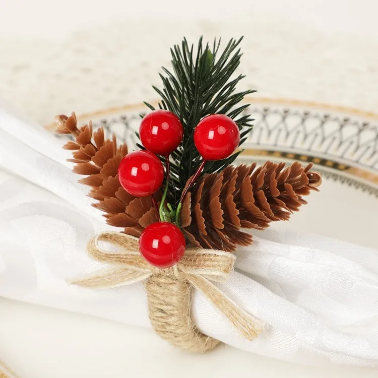 西部クリスマスの装飾的な松のコーンナプキンリングシミュレーションフラワー装飾ホテルナプキンバックルT2I52726
