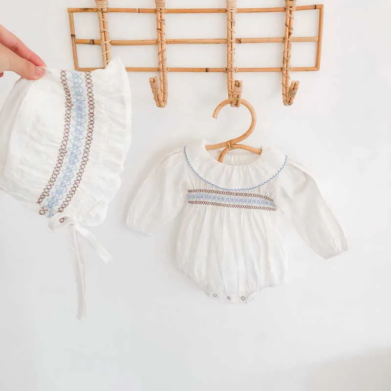 Wiosna Baby Girls Body Morelowy Białe Długie Rękawy Puff Ruffles Collar Kombinezon z Czapka Urodzona Cute Odzież E2041 210610