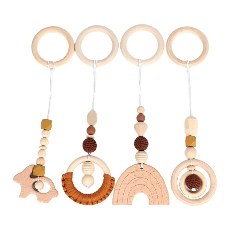 4 st / set baby play gym ram barnvagn hängande hängen trä ring teether molar tandvård nursing rattle leksaker gåvor spädbarn rum 220216