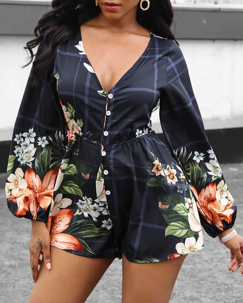 Mulheres Moda Elegante Casual Romper Mulheres Manga Longa Macacão Deep V Neck Slow Slow Backless Floral Impressão Floral Romper 210716