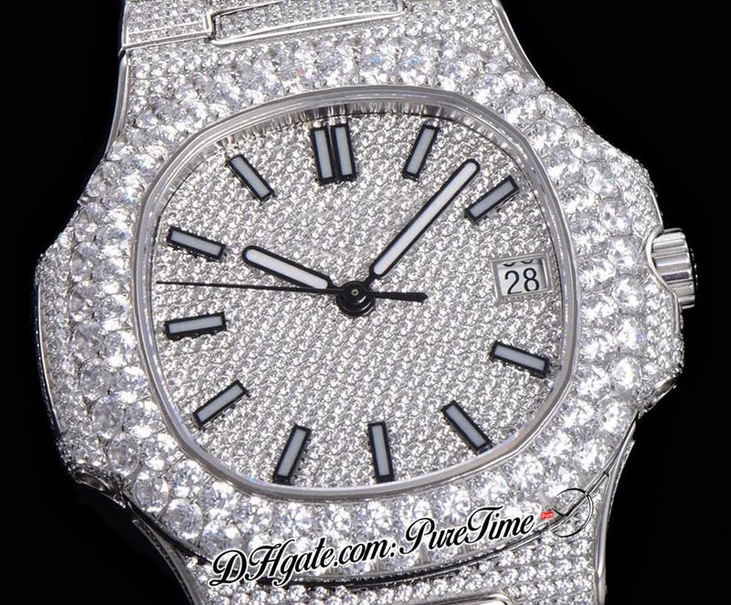 2021 TWF Paved Diamonds 5711 324SC 324CS Automatisch herenhorloge Stick Markers Volledig Iced Out Diamond roestvrijstalen armband Super 287B