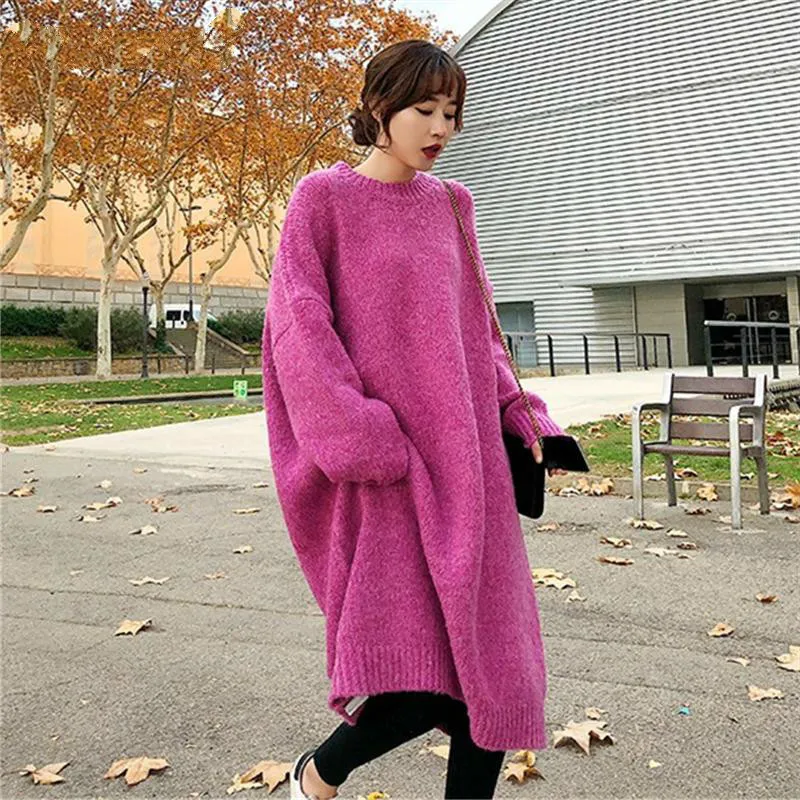 Koreanische Langarm Rundhals Plus Zise Dicke Strick Damen Kleid Lose Warme Blaue Pullover Kleider 5 Farbe Pullover Gestrickte 210510