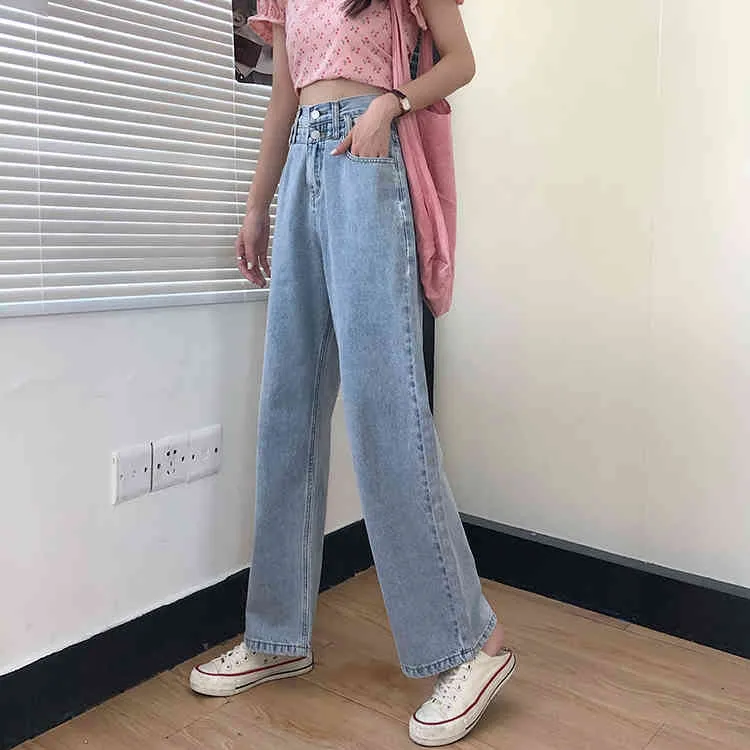 S-XL летний корейский опрятный стиль свободных женщин длинные джинсовые брюки двойные кнопки высокая талия прямые джинсы для женщин 78376 210423