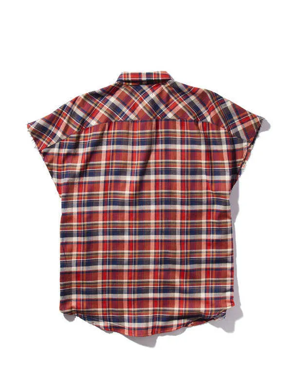 Camisas casuais masculinas 2021 Novas roupas de verão Ins High Street Clássico Vermelho Plaid Flannel Split Linha Principal Solta Camisa sem mangas