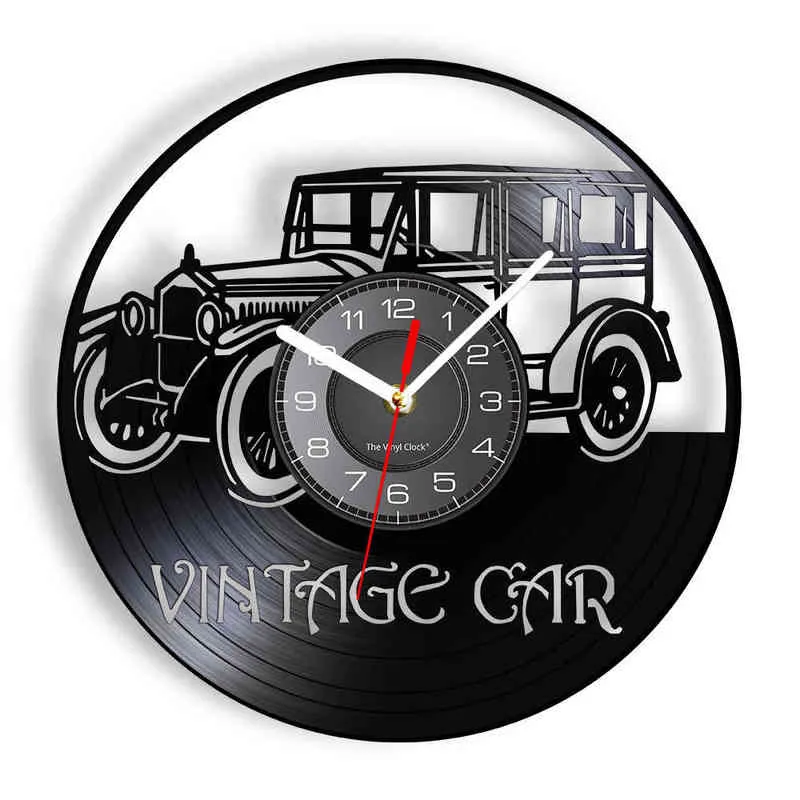 Vintage Car Automobile Laser Cut Longplay Wall Clock Garage Decor Autocar Retro Vehicle Vinyl Album Re-purposed Record Clock H1230