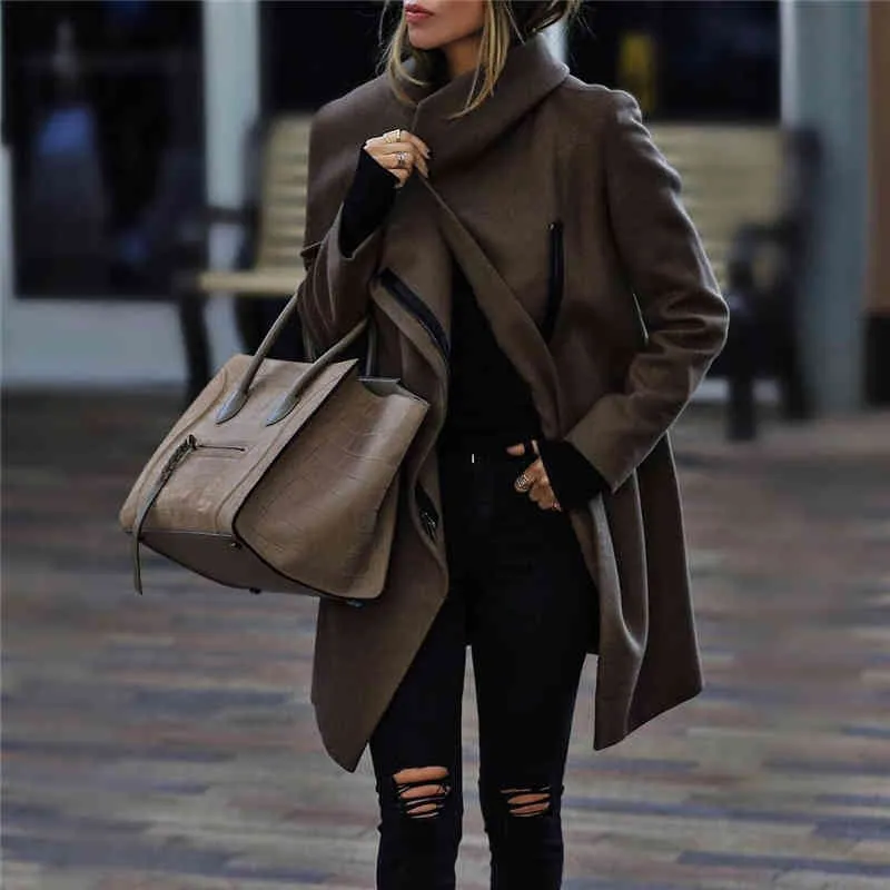 Mujeres otoño invierno marrón abrigo de lana outwear oficina damas manga larga cremallera abrigos de lana mujer chaqueta suelta 210520