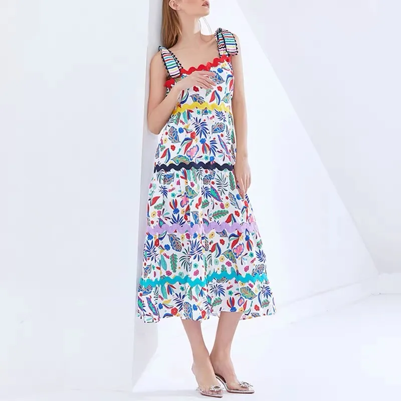Designer de mode Summer Maxi Dress Femmes Spaghetti Strap Bretelles Imprimé Floral Robes De Vacances Vestidos Sexy Casual 210421