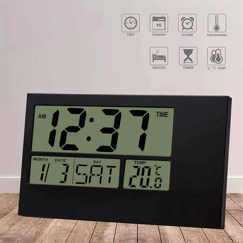 Digital väggklocka LCD-Heminredning Stor LCD-skärmkalender med datum och dag temperatur Snooze Larm Batteriladdare 210930