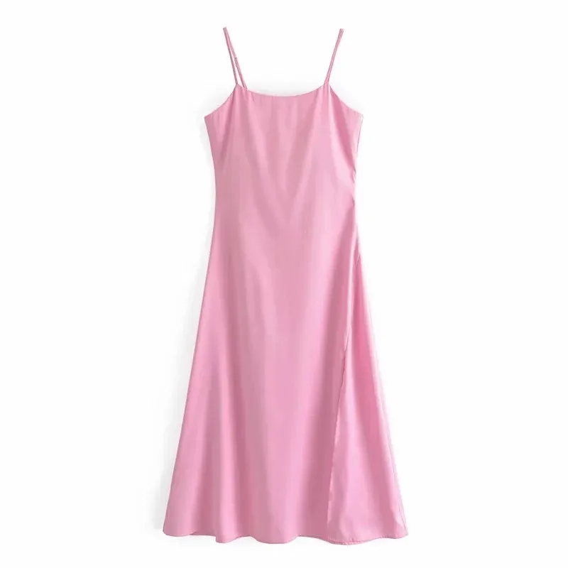 Kobiety Różowy Blue Sexy Satynowy Camisole Midi Dress V-Neck Regulowane Cienkie Pasy Backless Split Club Party Dresses 210520
