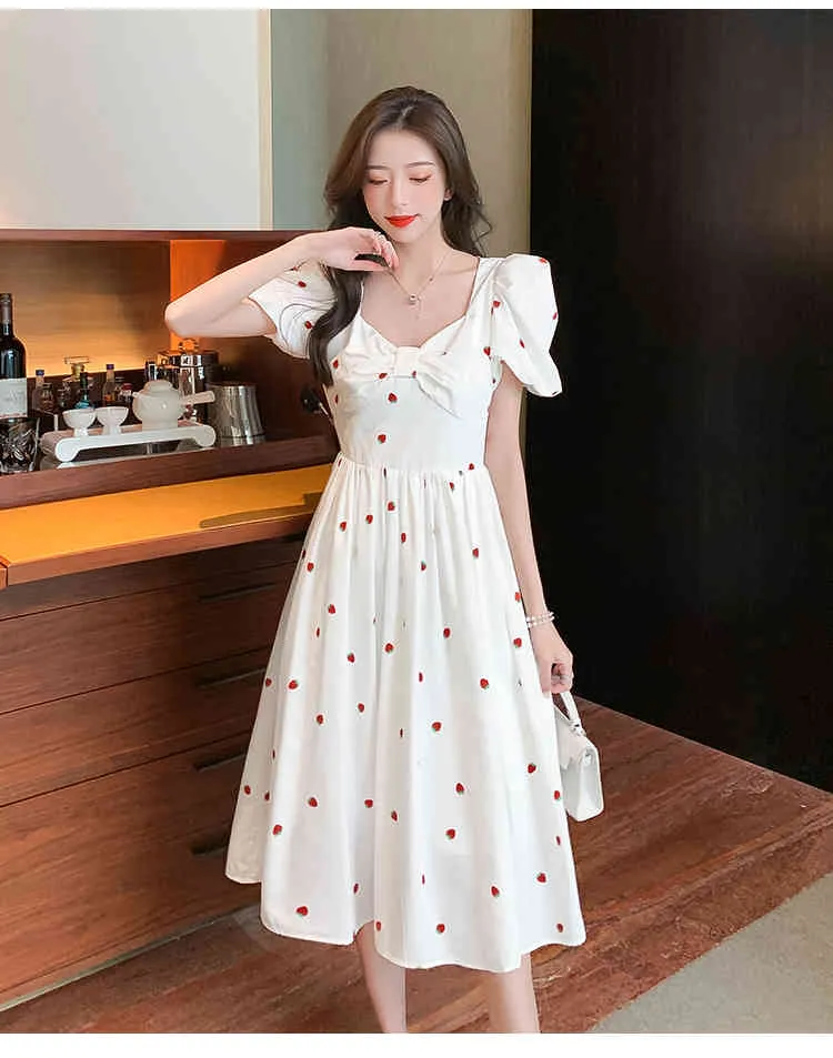 LLZACOOSH Summer Korean Strawberry Print Women Vintage White Square Collar Puff Sleeve Slim Draped A Line Dresses Clothes 210514