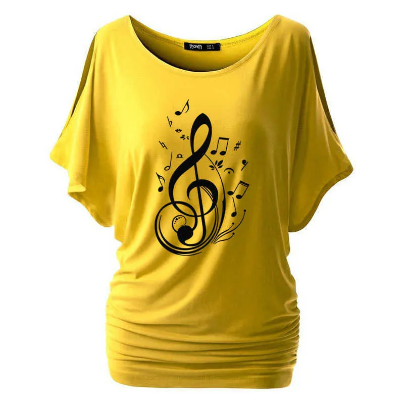 Nya musikaliska anteckningar Living Print T Shirt Kvinnor Batwing Bomull O Neck Kortärmad Sommar T-shirt Toppar Casual Tshirt Plus Size Y0621